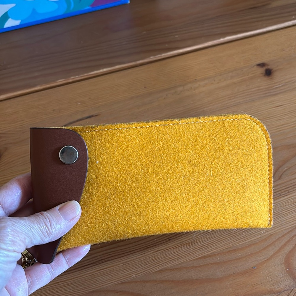 Graf Lantz boiled wool and leather eye glass case. Mustard yellow.